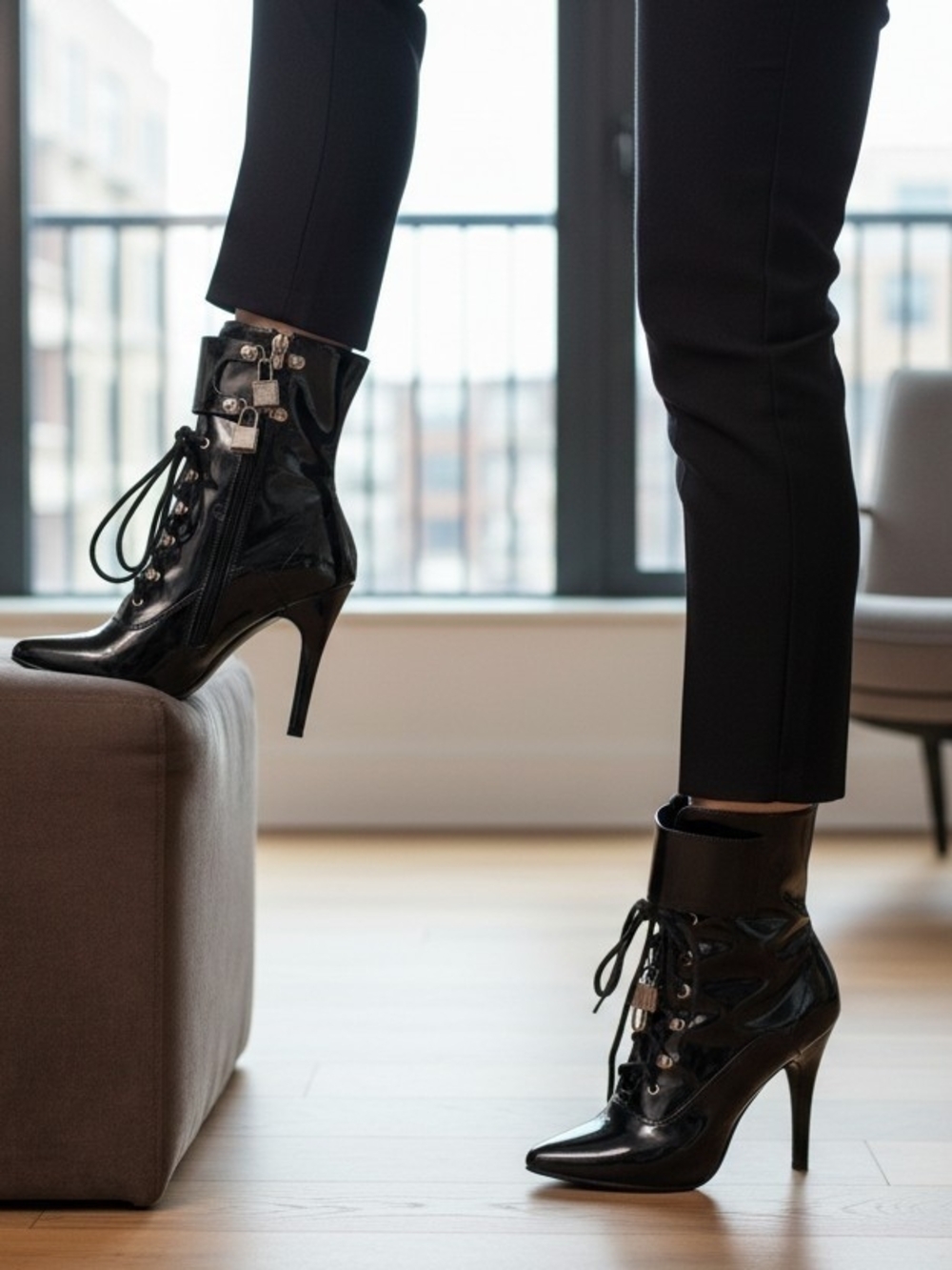 Ellie Black Patent Lace-Up Stiletto Ankle Boots with Zipper and Hardware 1092